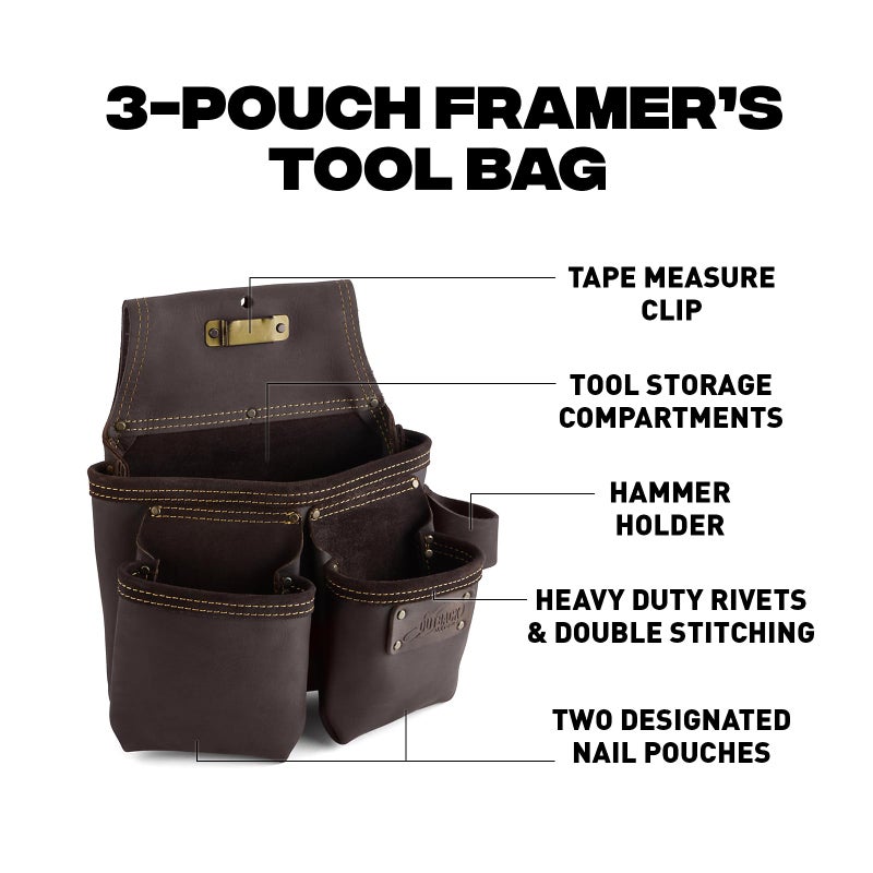 OX Tools Framers Tool Pouch Nail Bag Oil Tanned Leather Carpenter Tool Belt  7 Pockets  Fastener Pouch  Hammer Holder Pencil Pouch OX-P263203 - Image 2